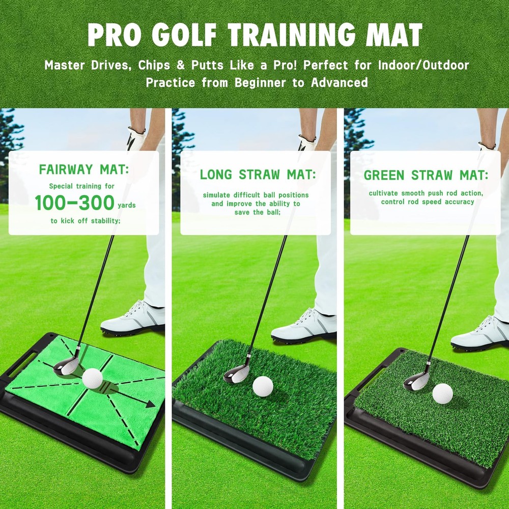 Golf Hitting Mat, 3-in-1 Golf Practice Mat, Replaceable Turf Golf Training Ma...
