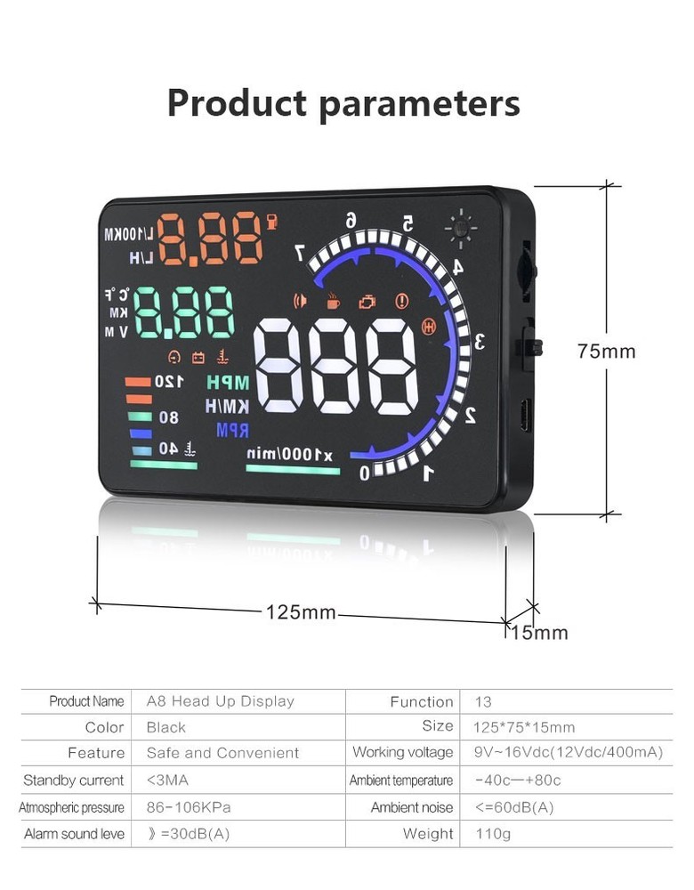 A8 Car Head Up Display HUD Dashboard Screen Projector OBD2 Speedometer Odometer