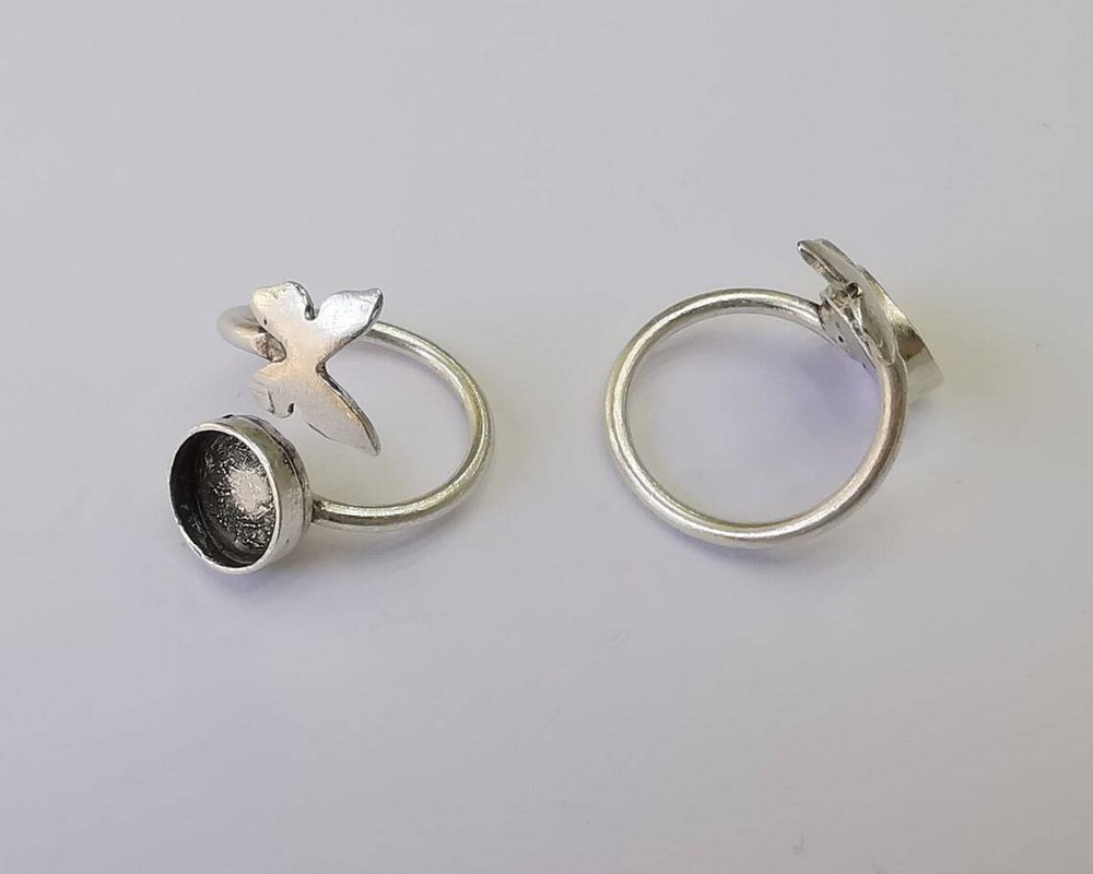 Butterfly Ring Blank Base Silver Round Setting Cabochon Adjustable Brass G26144