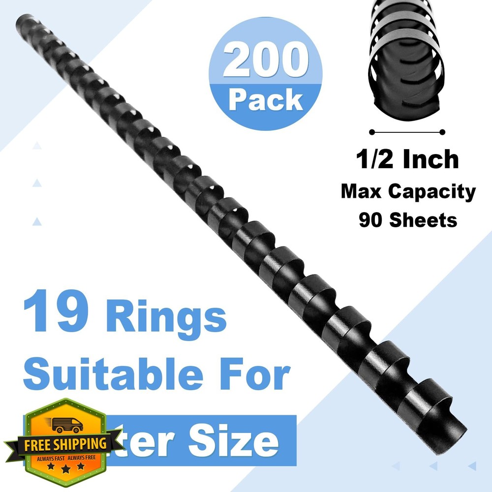 HOUYEE 1/2" Plastic Binding Combs 200 Pack Black 90 Sheet Capacity