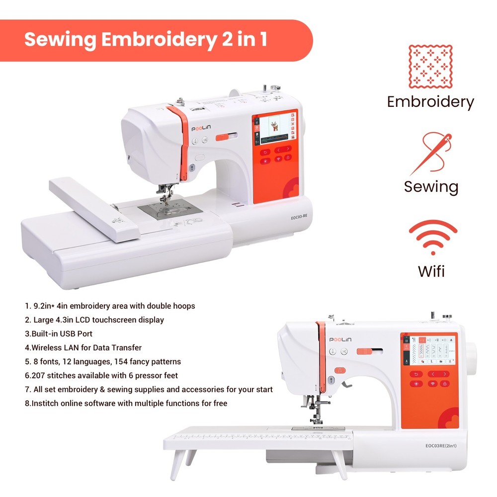 POOLIN EOC03RE(2in1) Sewing and Embroidery Machine Computerized Large LCD.