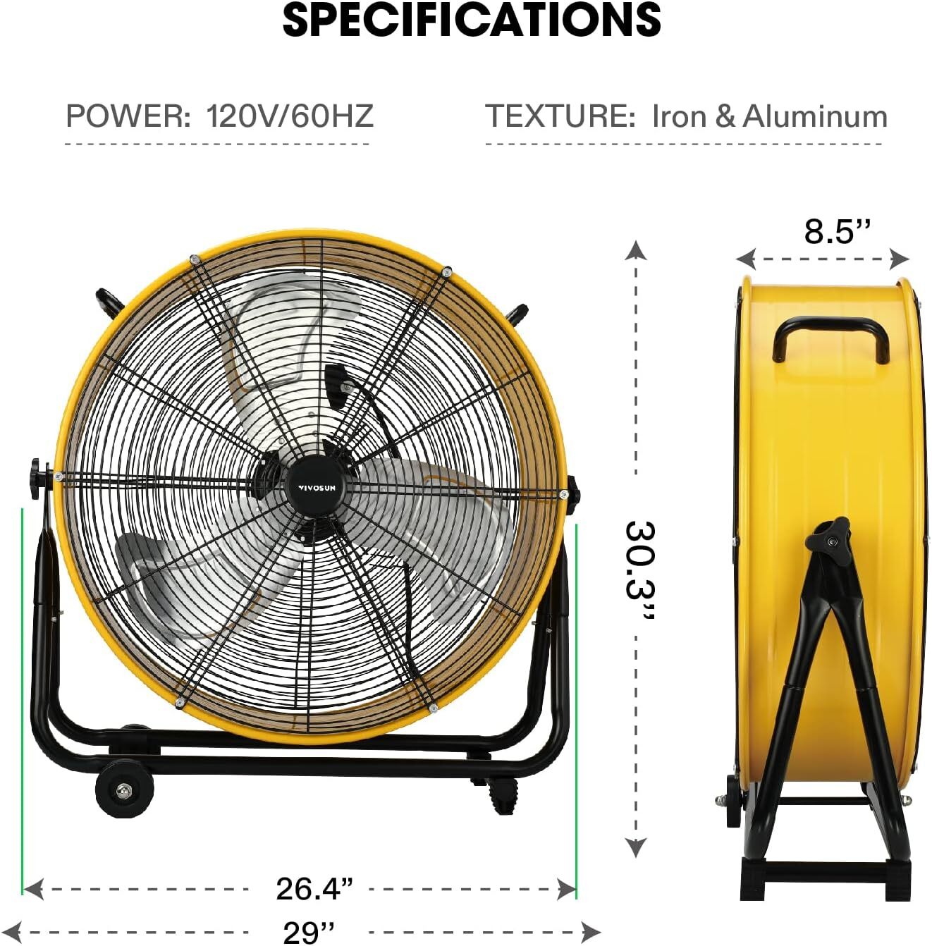 VIVOSUN 24" Industrial Tilt Drum Fan 3 Velocity Speed 360° Adjustable Floor Fan