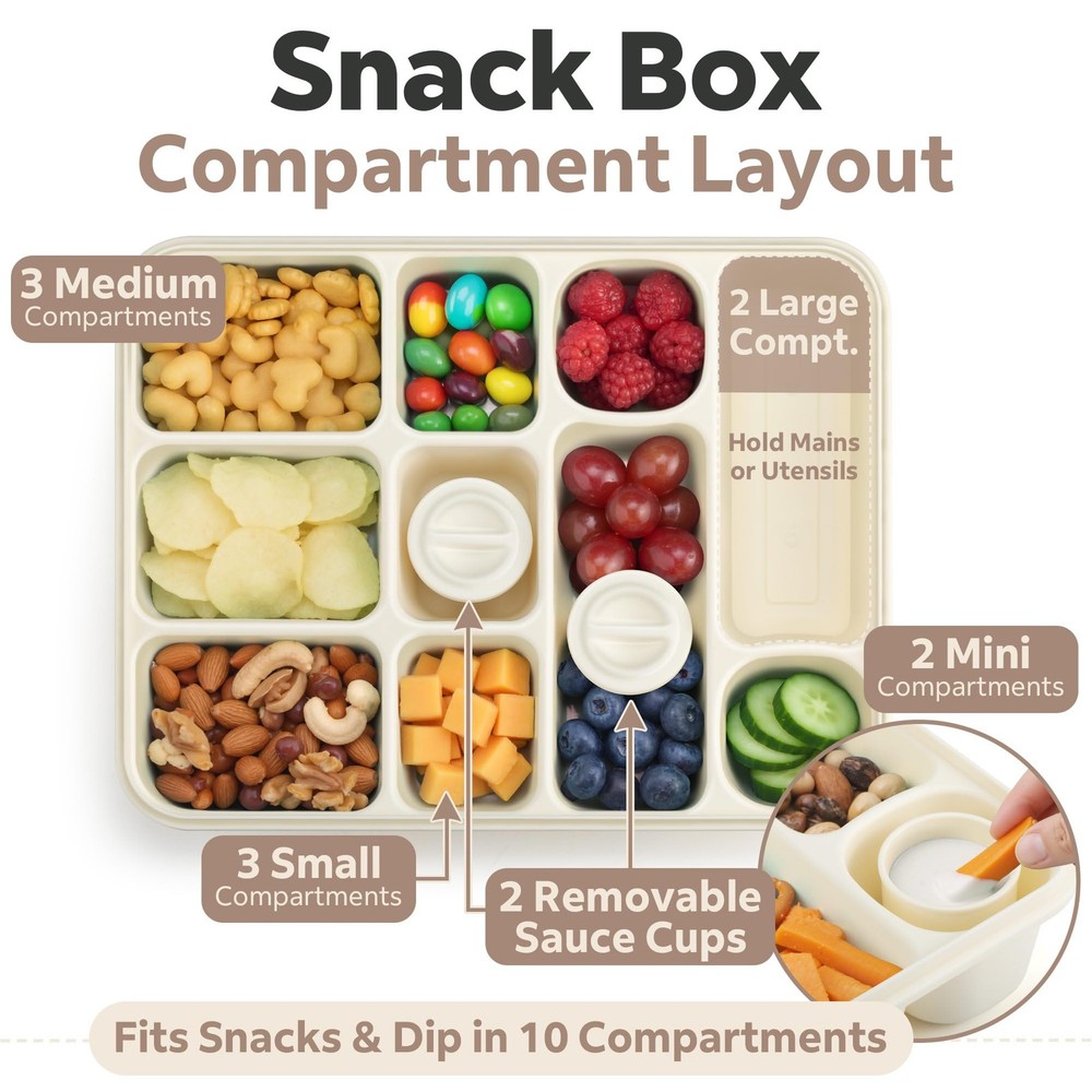 Snackle Container for Adults with 10 Compartment, Divided Serving Tray with L...