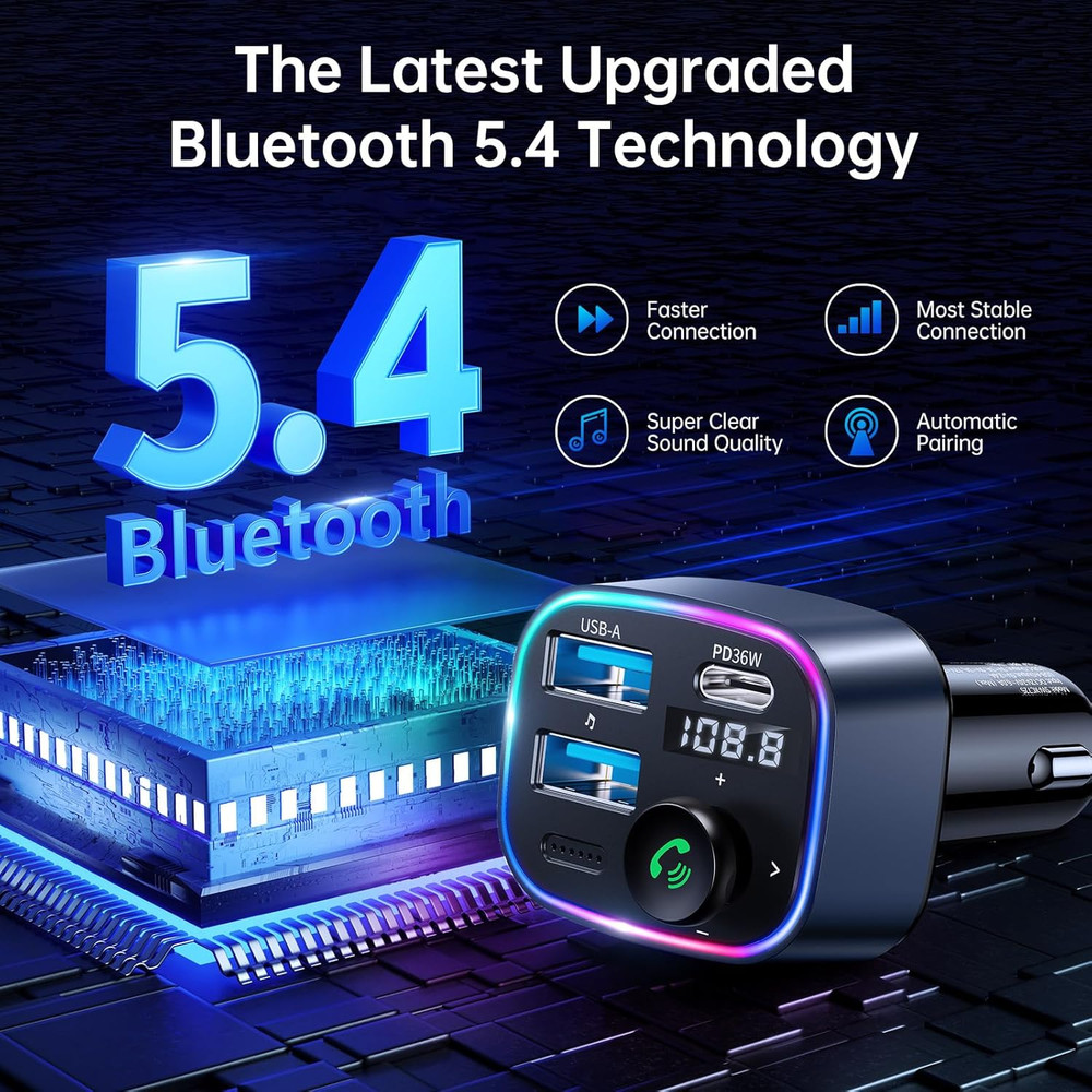 Bluetooth 5.3 FM Transmitter Car Adapter 48W(PD 36W & 12W) [Light Switch] [Hi-Fi