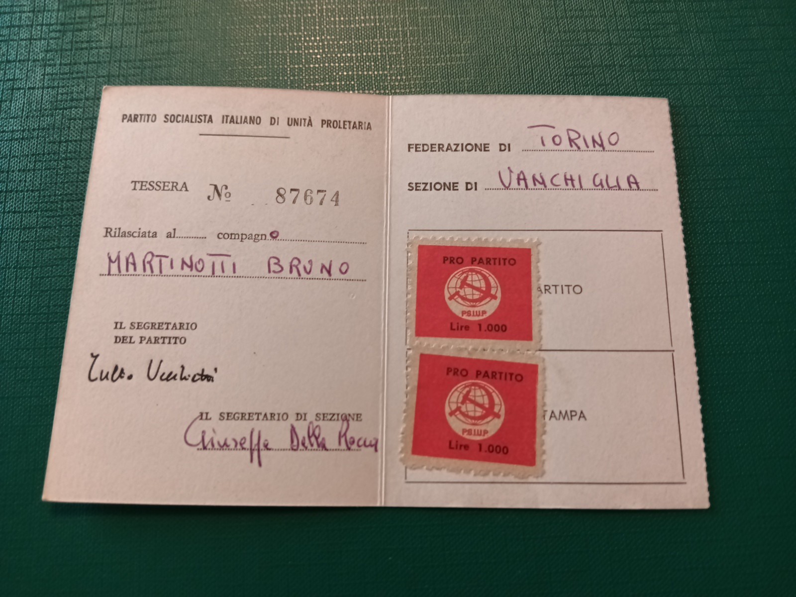 Italian Socialist Party Card of Proletarian Unity PSIUP 1966 Turin Rare