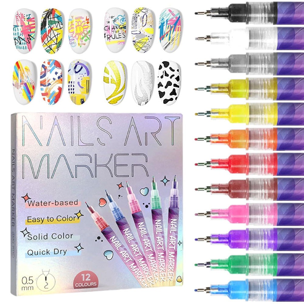 12 Colors Nail Art Pens Set Waterproof 0.5MM Nail Polish Pens Quick-Drying Nail