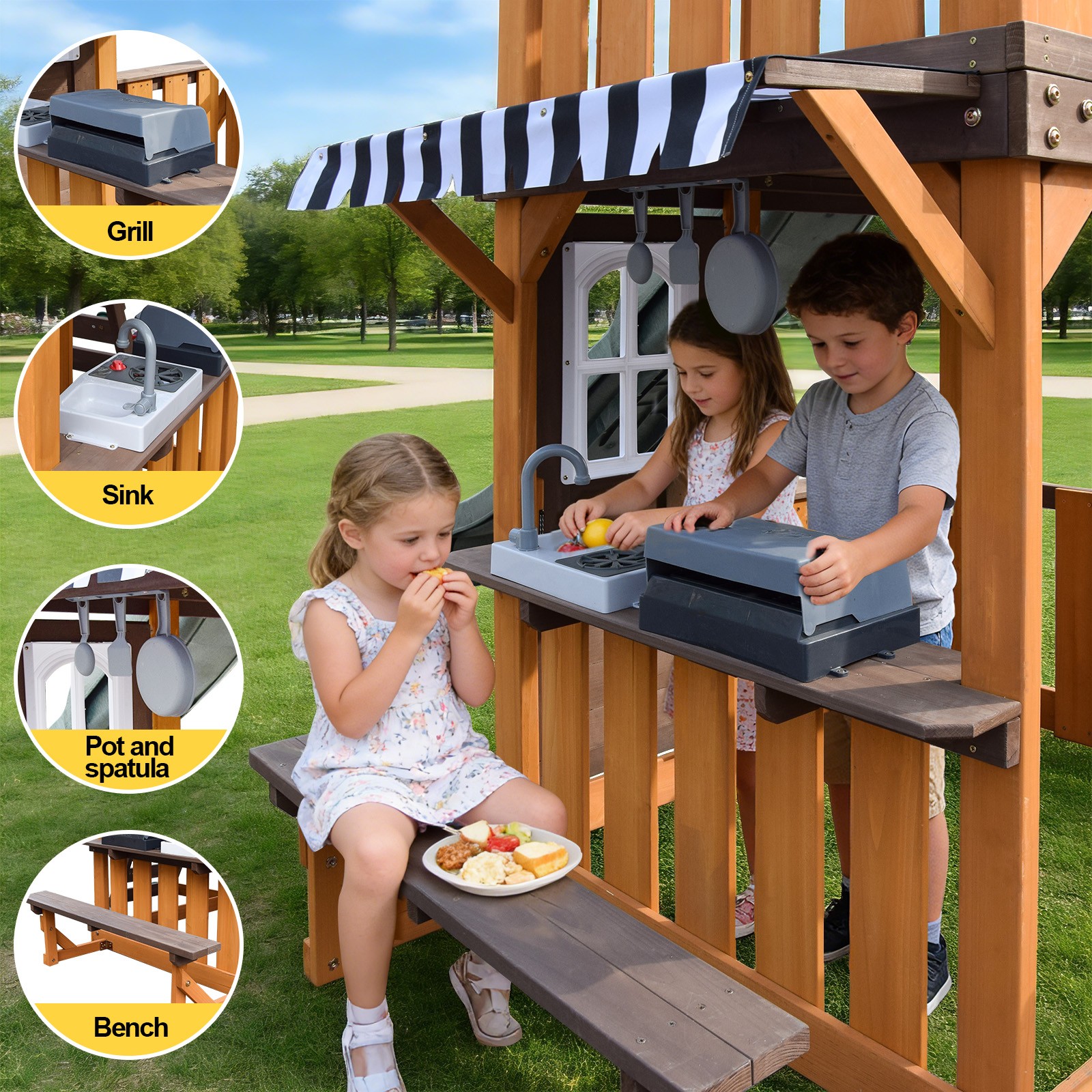 Large Wooden Kids Swing Slide Set Playhouse Kitchen,Rock Wall Outdoor Playground