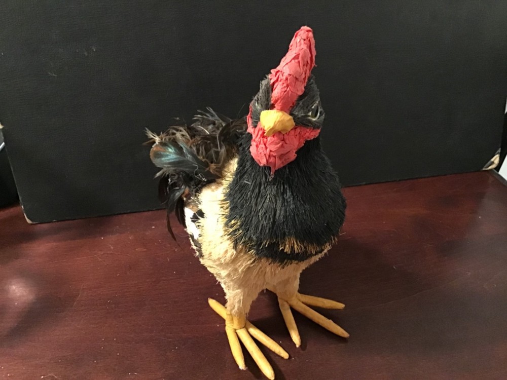 Faux Rooster Figure with real feathers
