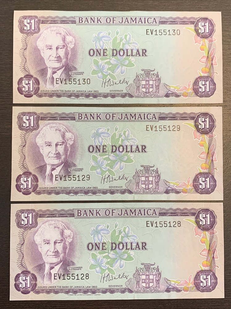 1982 $1 Jamaica UNC Consecutive Series 3 Banknotes