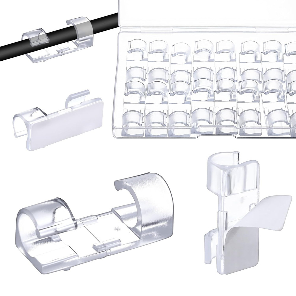 40 Pcs Clear Cable Clips, Adhesive Cable Clips Wire Holders under Desk Electric