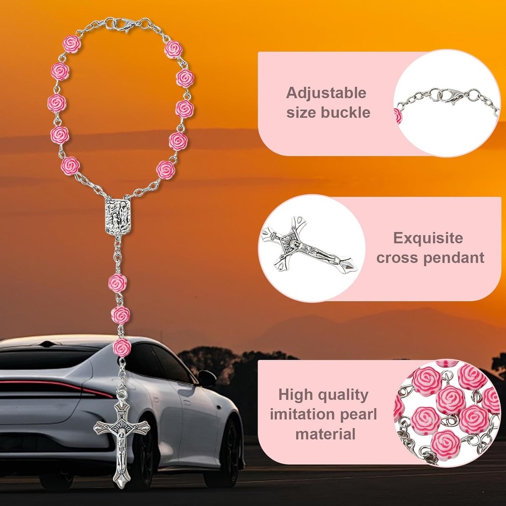 Car Rosary for Rearview Mirror, 2PCS Personalized Rear View Cross Blessing Beads