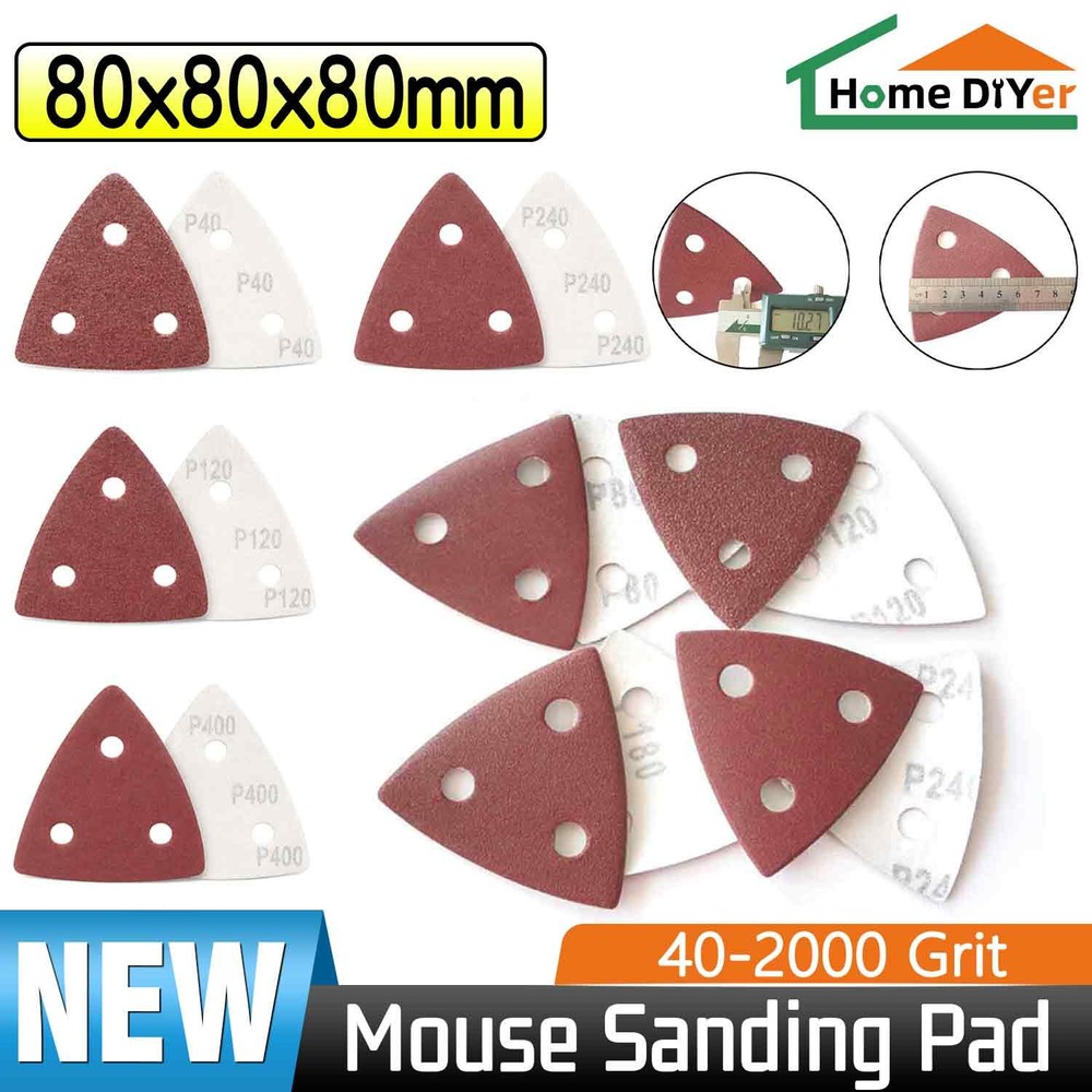 80mm 3 Hole Sanding Sheets Triangle Mouse Detail Sander Pads 40-2000 Grit