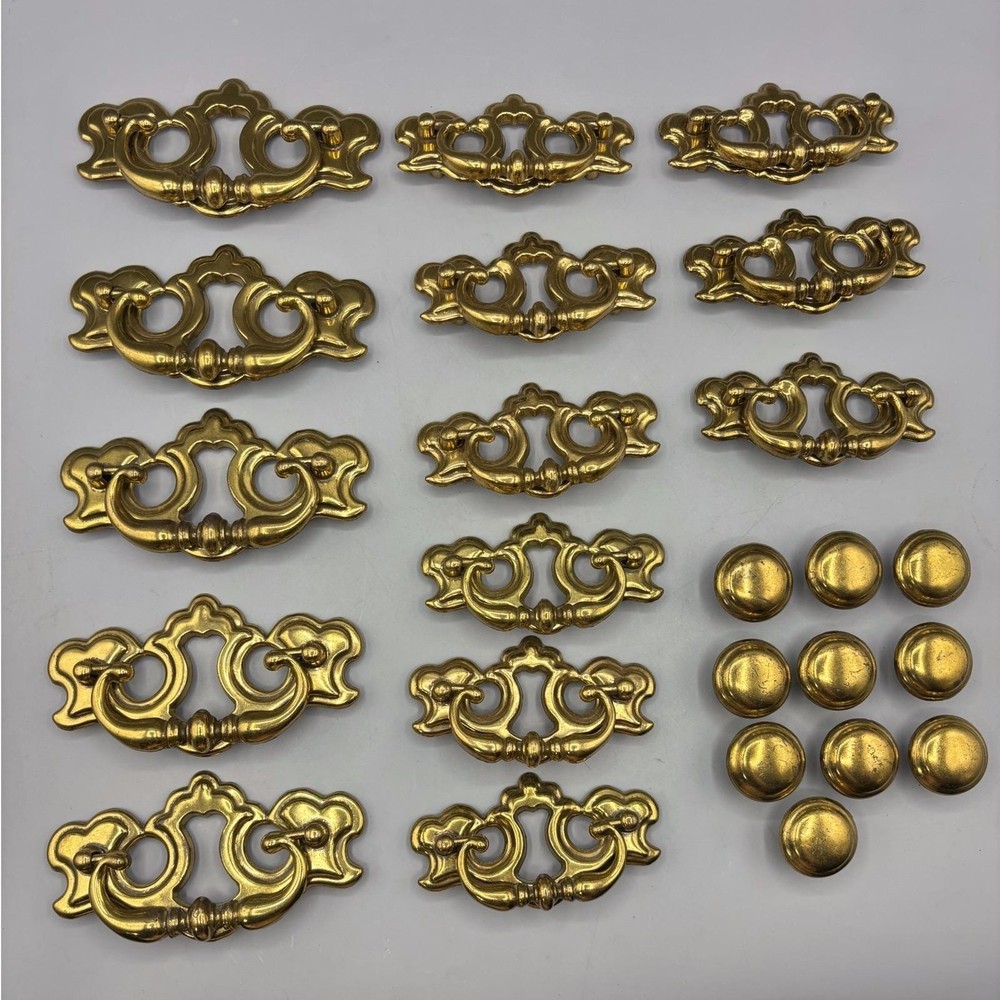 Vtg Brass Gold Tone Drawer Pulls Knobs 24 Pc Dresser Hardware Replacement