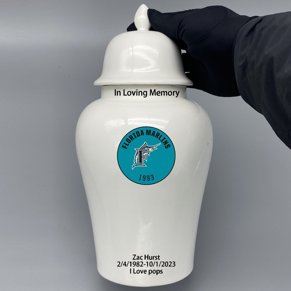 Ceramic Large Urn for Miami Marlins Baseball Theme, Custom Text & Number