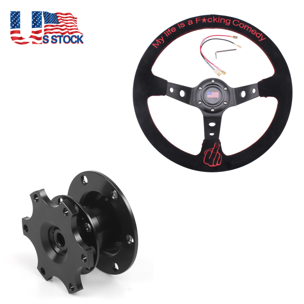 345mm Deep Dish Racing Suede Steering Wheel Middle Finger w/ Quick Release Kit