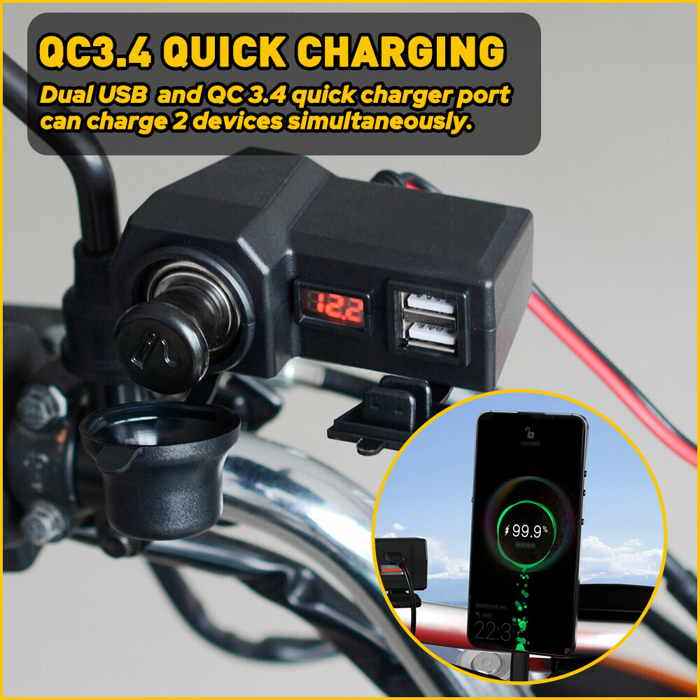 Motorcycle Handlebar Dual USB Phone Charger Cigarette Lighter Socket Voltmeter