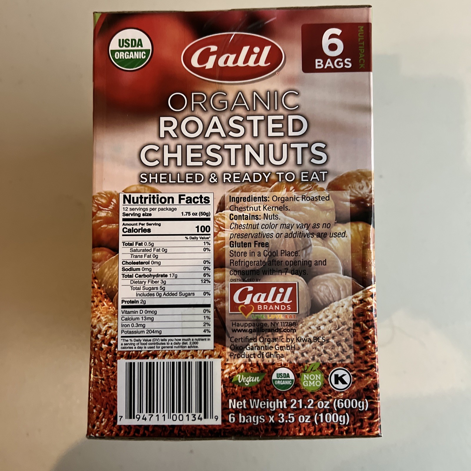 NEW GALIL ORGANIC CHESTNUTS ROASTED PEELED,SHELLED AND READY TO EAT 6 PACK 3.5oz