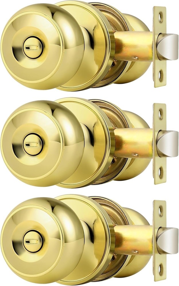 Classic Polished Brass Door Knobs, Keyless Locksets, 3 Pack