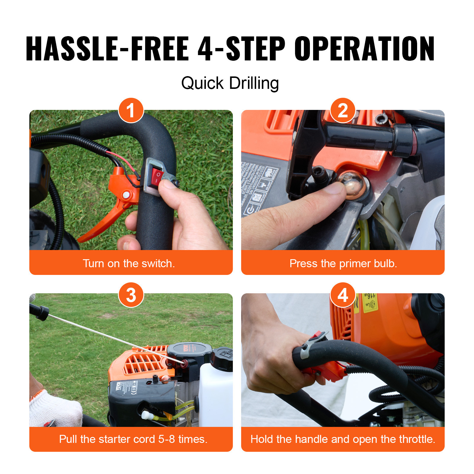 VEVOR 63CC 2400W Gas Post Hole Digger with 8-Inch Drill Bits