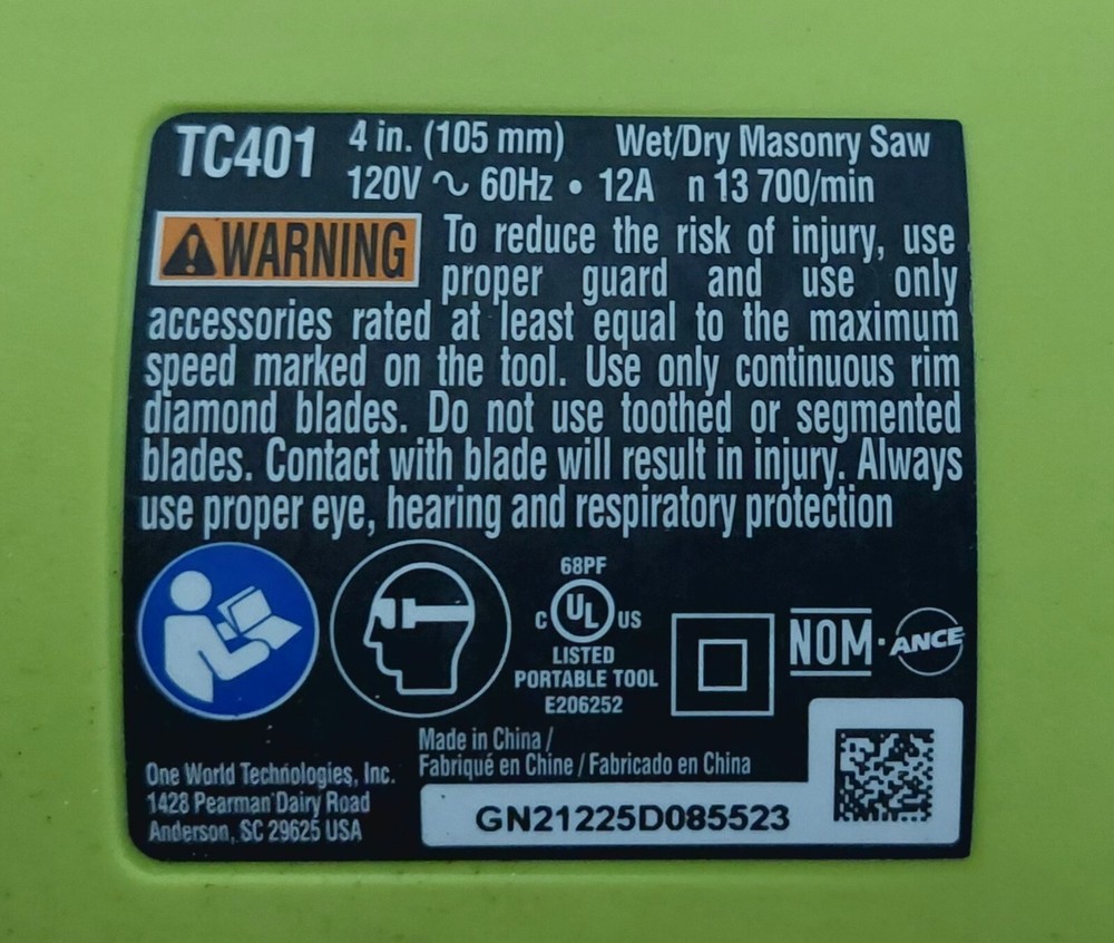 Ryobi Wet Tile Saw Model TC401