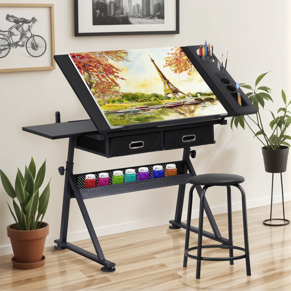 Adjustable Drafting Table Tilting Tabletop Art Craft Desk with 2 Drawers, Stool
