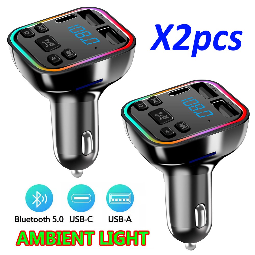 2pc Bluetooth 5.0Car Wireless FM Transmitter Adapter 2USB PD Charger Hands-Free