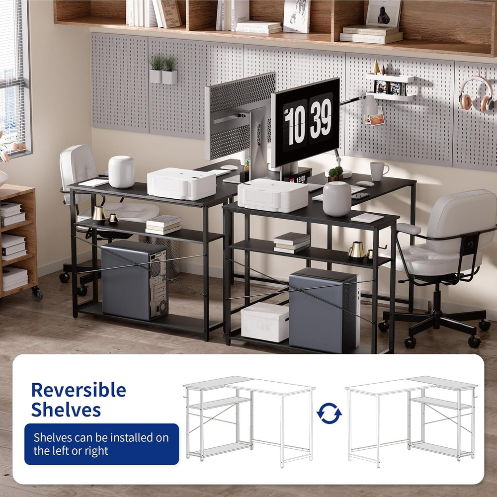 Compact 43" L-Shaped Computer Desk with Reversible Shelves for Small Spaces