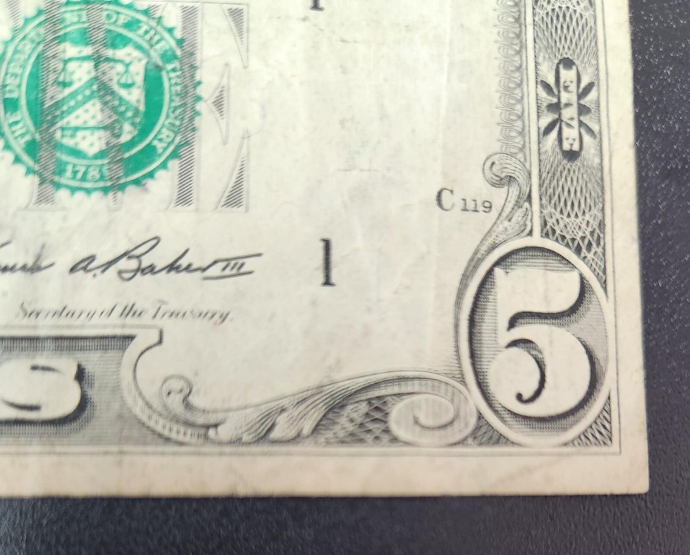1985 5 dollar bill Miscut ERROR