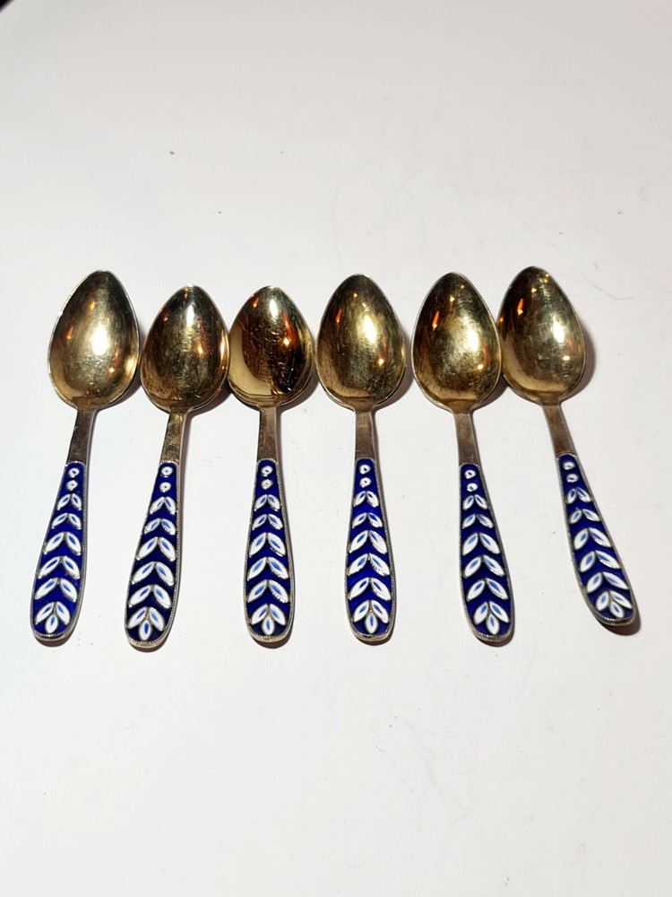 Antique Russian Blue Enamel Gilded Silver Spoons