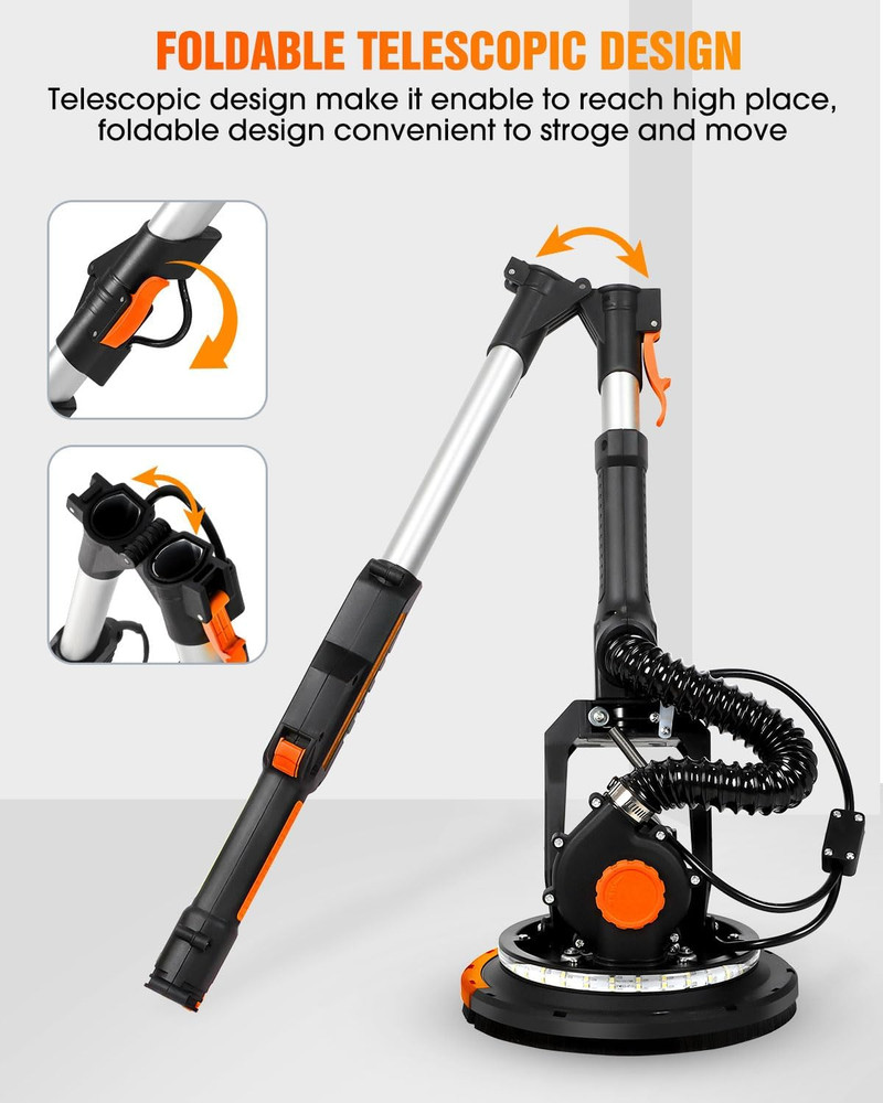 Electric Drywall Sander with Vacuum, LED Light, Variable Speed & Foldable Handle