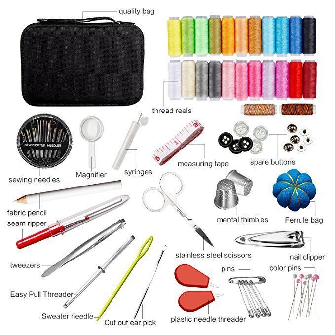 Complete Sewing Kits+Embroidery Stitch Guide Book Needles Scissors Buttons Pins
