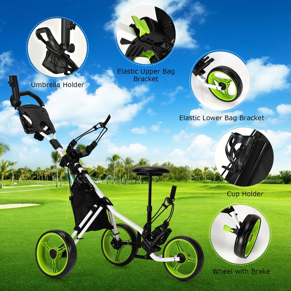 3-Wheel Foldable Golf Push Pull Cart Trolley w/ Seat Adjustable Handle Green