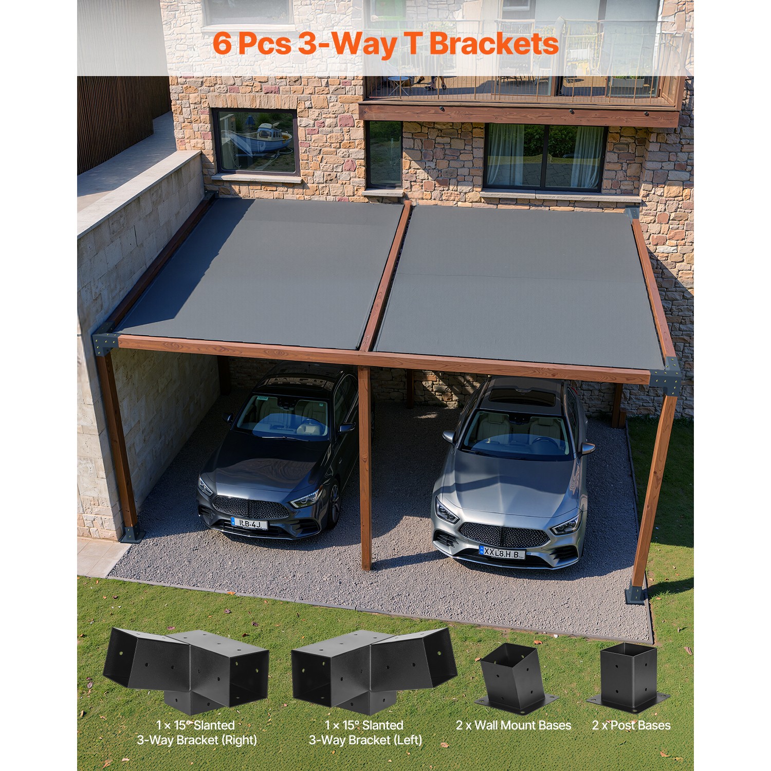 4x4 Inch Pergola Bracket Kit Inner 3.5x3.5 3-Way Slanted Brackets DIY Post