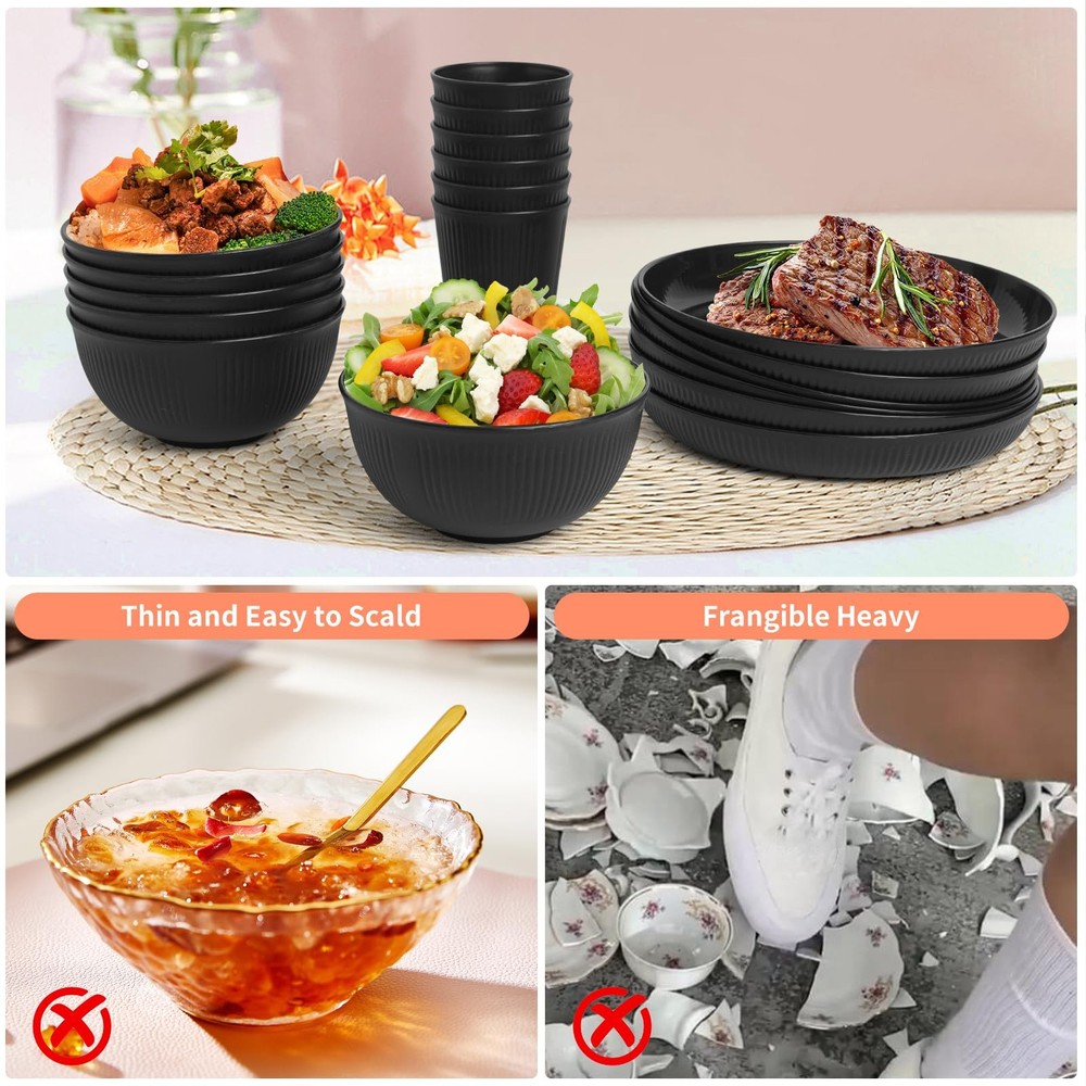 36 Pcs Wheat Straw Dinnerware Set,Dinnerware Sets for 6,Large Large, Black