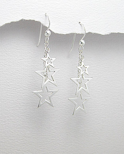 1.73" Solid Sterling Silver Triple Star Hook Dangle Earrings 2.24g PRETTY