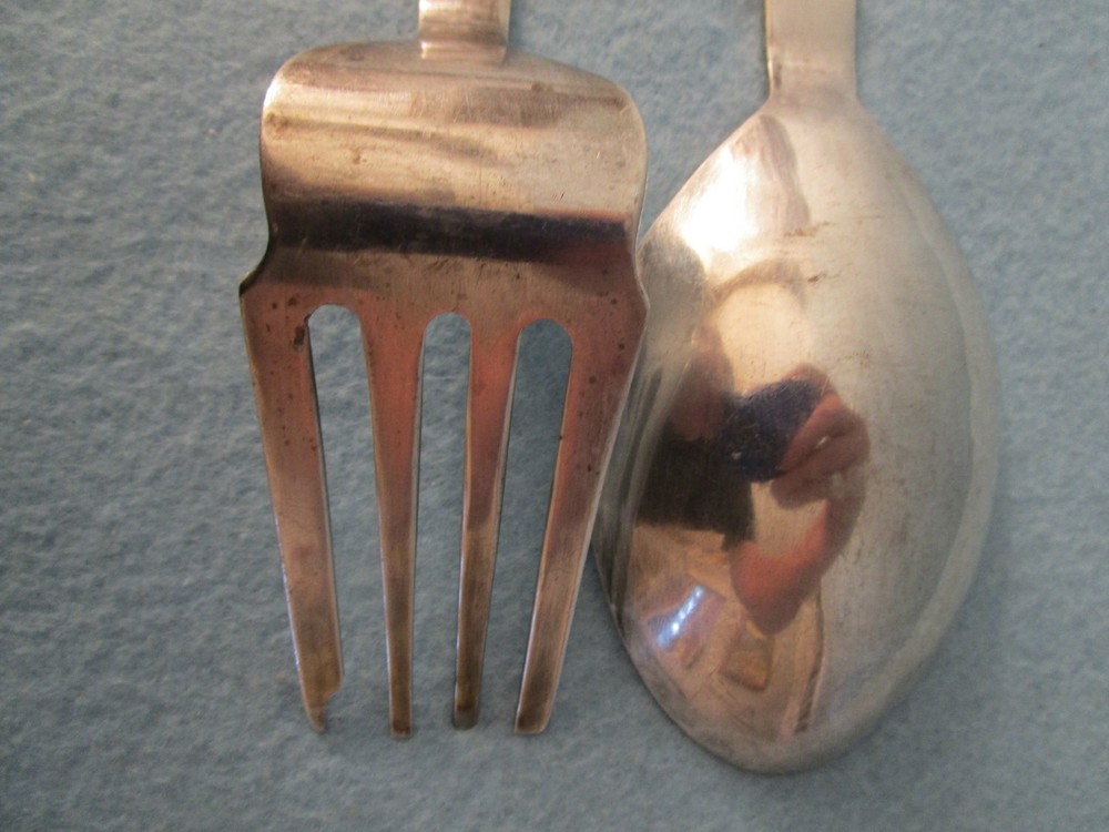 SALAD SERVER SPOON & FORK (silverplate w/ gold trim) MEXICO 4D85 modern utensil