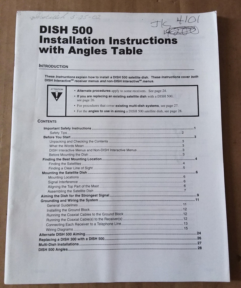 Dish 500 Installation Instructions with Angles Table - Used