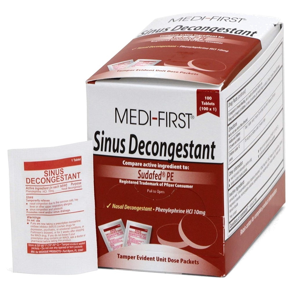 100 Pack Medi-First Sinus Pressure Relief - Non-Drowsy Phenylephrine Tablets