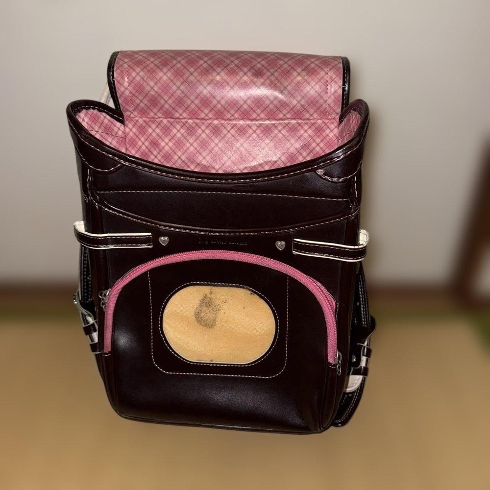 Randoseru Dark Brown Flap Style Backpack Pink Check Interior Leather Strap