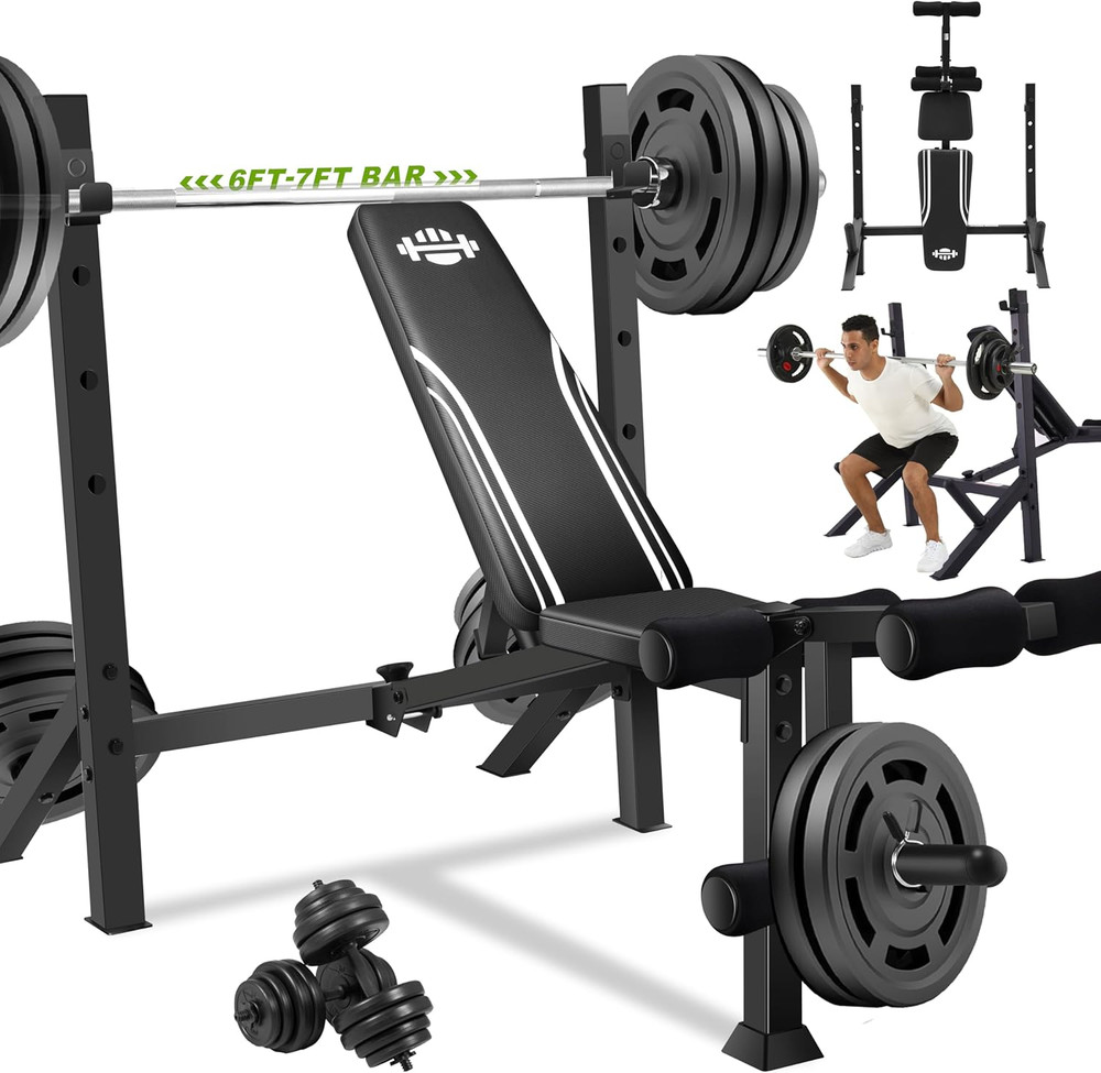 900LBS Olympic Weight Bench Set with Squat Rack Adjustable Bench Press Bench wit