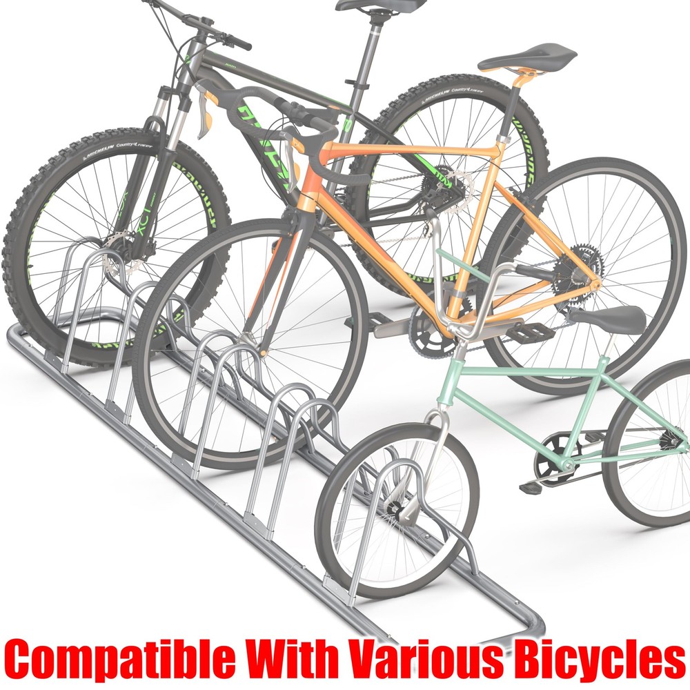 Bicycle Floor Parking Stand Adjustable Storage for 5 Bikes Silver