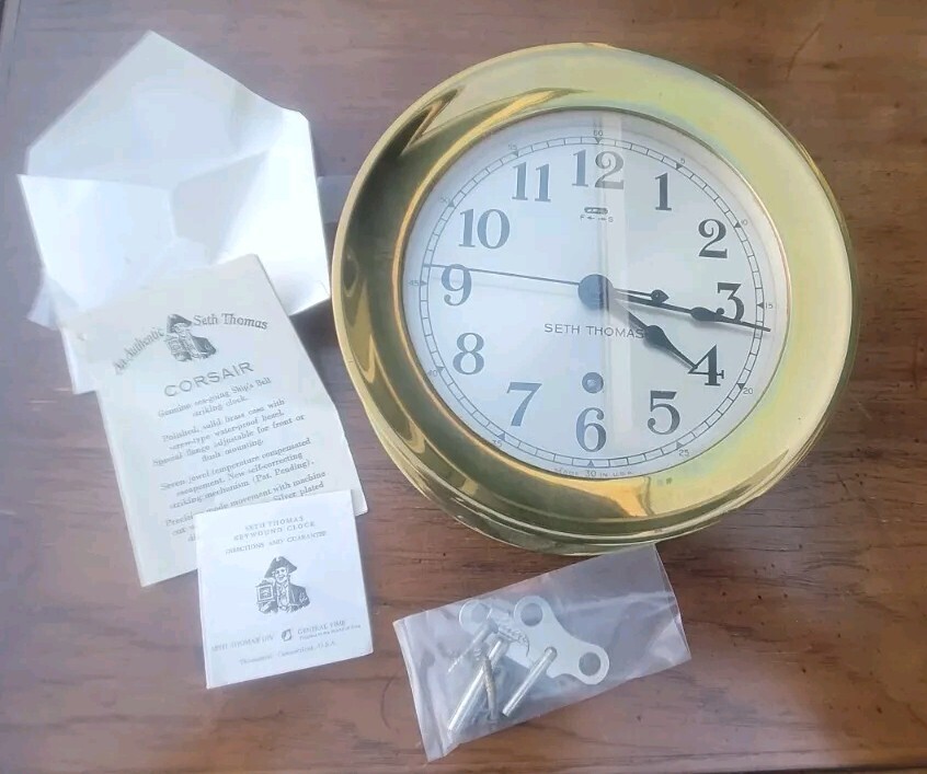 Vintage Seth Thomas Ships Clock Brass Nautical Working with Key Exct