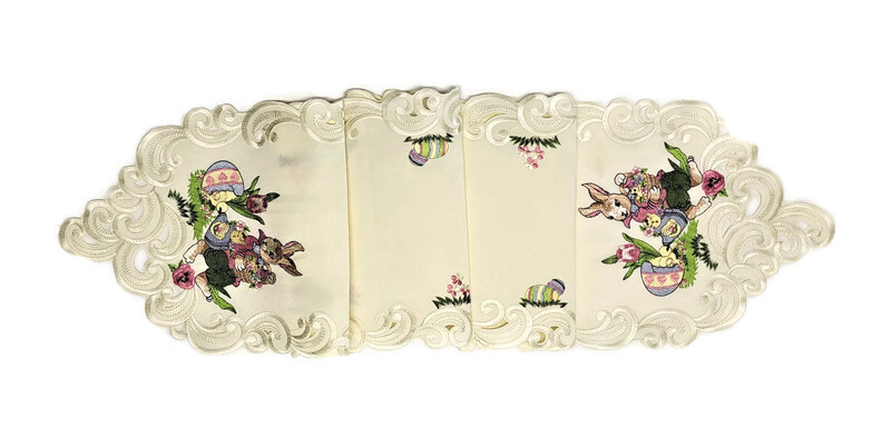 Doily Boutique Table Runner, Doily, Mantel Scarf with Easter Bunny on Ivory