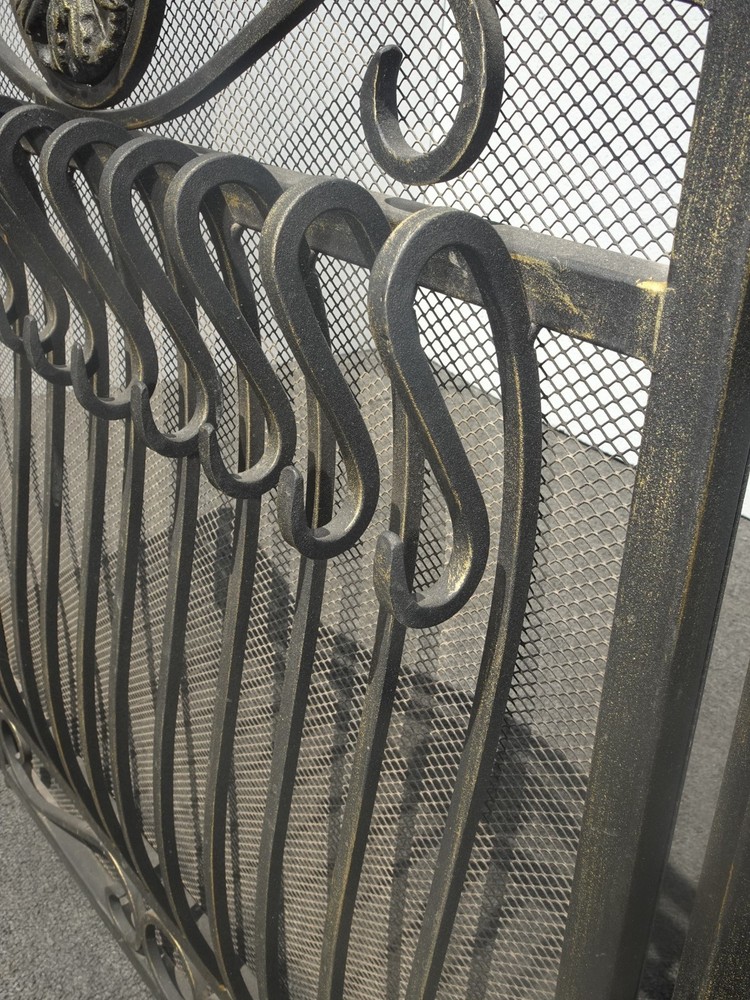 Vintage Spanish Style Black Iron Three Panel Fireplace Screen