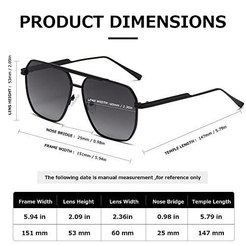 Polarized Sunglasses Womens Men Retro Oversized Square Black Gradient Grey