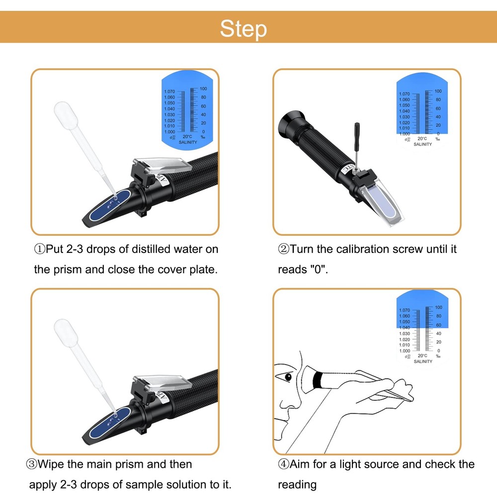 Salinity Refractometer, 0-100 PPT, 1.000-1.070 Specific Gravity, ATC, Aquarium