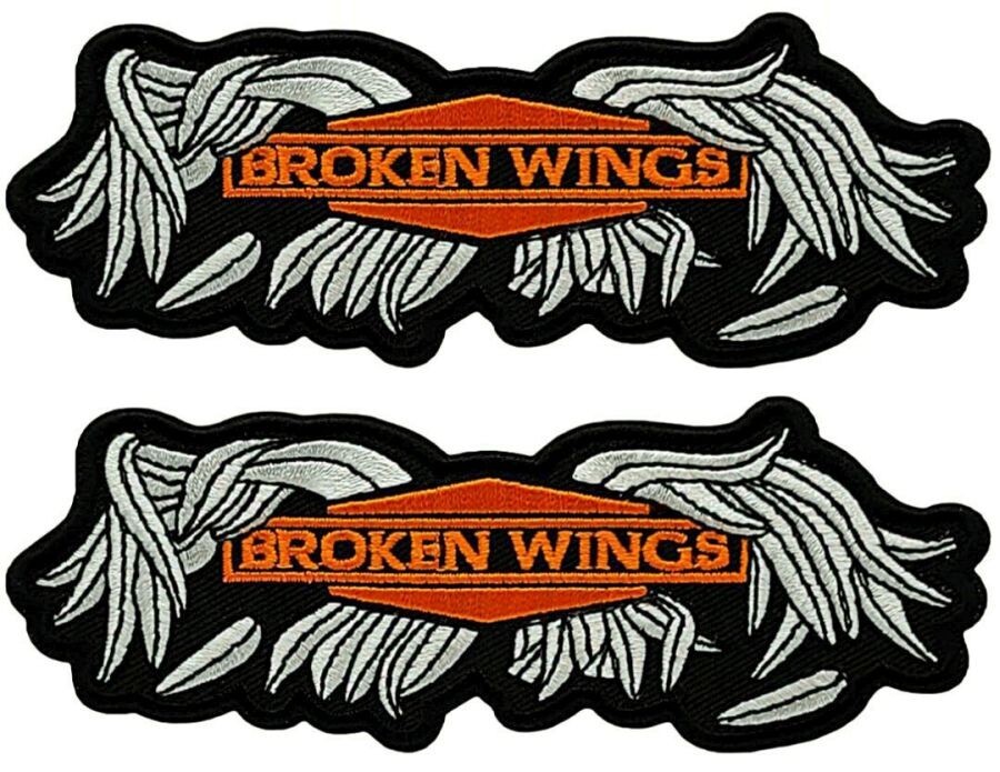 BROKEN WINGS EMBROIDERED BIKER CHOPPER PATCH - 2PC IRON ON OR SEW  5"x2"