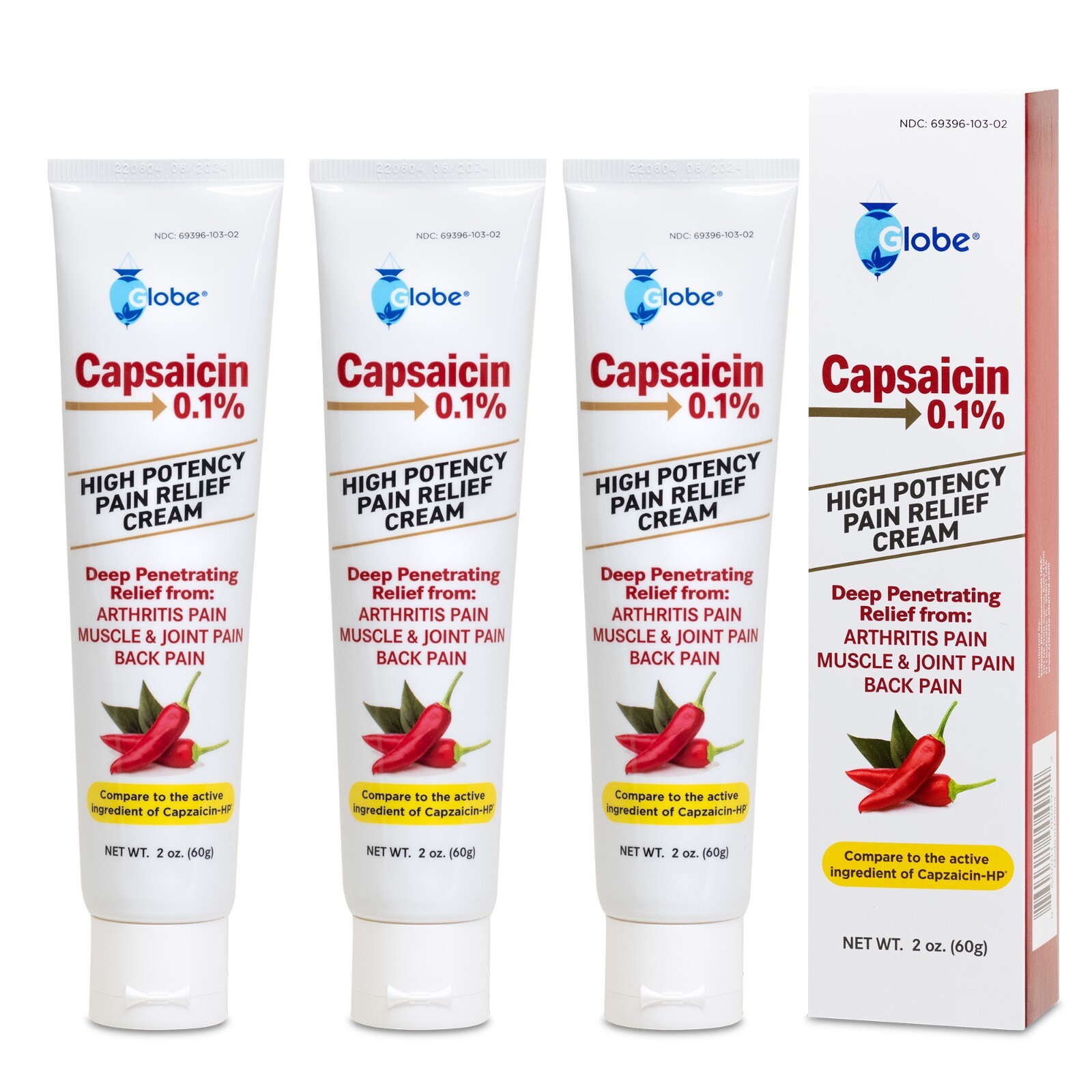 Globe Capsaicin 0.1% High Potency Pain Relief Cream (2 oz) (3 Pack)