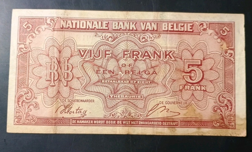 BELGIUM, 5 FRANCS, 1943 Banknote