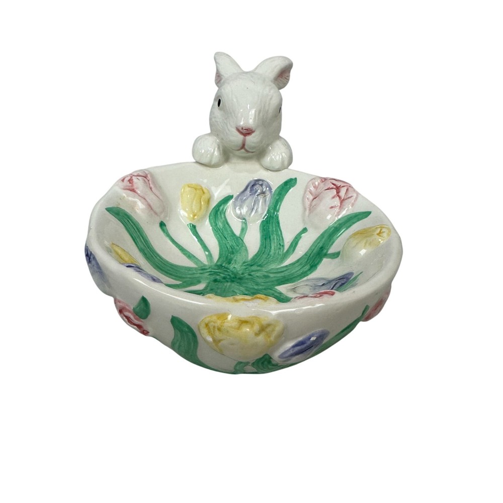 Hand-Painted Ceramic Bunny Candy Dish With Floral Design